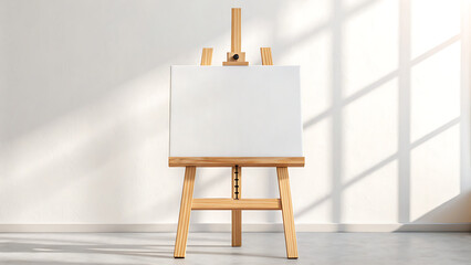 Minimalist Art Studio Scene – Blank Canvas on Wooden Easel with Sunlight and Shadow Patterns