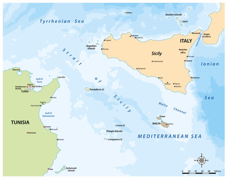 Map of the Strait of Sicily between Italy and Tunisia