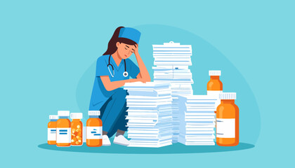 Burnout and stress Overwhelmed nurse surrounded by immense paperwork and medicine bottles, illustrating the demanding reality of healthcare work