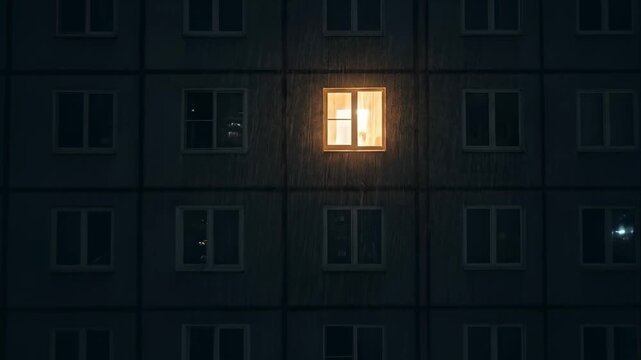 Slow zoom on a single glowing window in a dark apartment building on a rainy night. Moody urban facade. Concept of loneliness and isolation