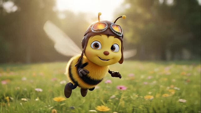 A cute 3D animated cartoon bee character flying in a field. Happy insect with an aviator helmet soaring over a summer meadow with flowers. Children's animation concept