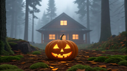 Halloween Jack-o'-Lantern in Foggy Forest – Glowing Pumpkin with Cabin and Autumn Leaves