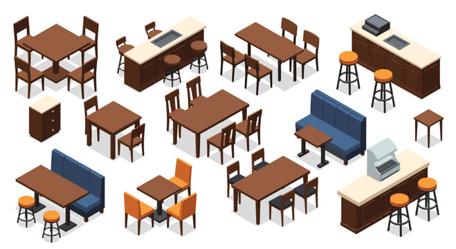 Modern isometric restaurant furniture collection for interior design projects and commercial use