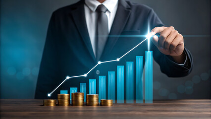 Business Growth Visualization – Stacked Gold Coins and Upward Graphs Representing Financial Success and Investment Strategy