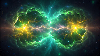Cosmic Energy Collision – Symmetrical Green Nebulae with Lightning Bursts in Deep Space