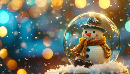 Snowman in Glass Globe with Bokeh Lights and Falling Snow