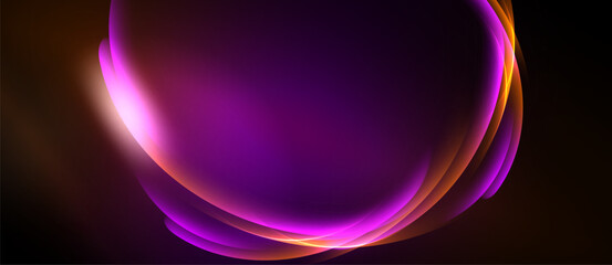Abstract design features flowing purple, orange light curves. Dark background emphasizes vibrant central form. Smooth gradients create depth.