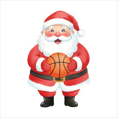 Watercolor Santa Claus with Basketball Vector Illustration, Cute Christmas Sports Character
