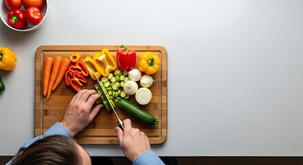 Chef Slicing Fresh Vegetables on a Wooden Cutting Board for a Healthy Meal