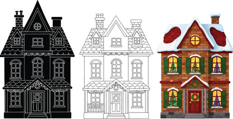 Fototapeta premium Charming christmas house, showcasing silhouette, outline, and color versions, perfect for festive holiday designs and scenes