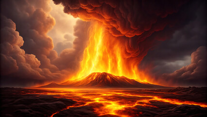 Volcanic Eruption Scene – Fiery Lava and Ash Clouds from Exploding Crater in Dramatic Landscape