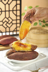 Roasted Sweet Potato with Honey Drizzle in Traditional Asian Kitchen Setting