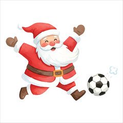 Watercolor Santa Claus Playing Soccer Vector Illustration, Cute Christmas Character on White Background
