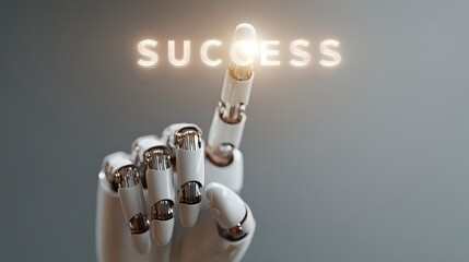 Robotic hand touching the word success future technology concept artificial intelligence leading to achievement and advancement
