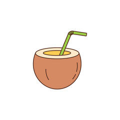 Coconut drink with straw sits on white surface, a refreshing tropical beverage for summertime relaxation and enjoyment.