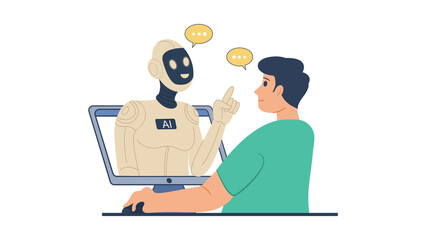 Man having a conversation with an AI robot on a computer screen.