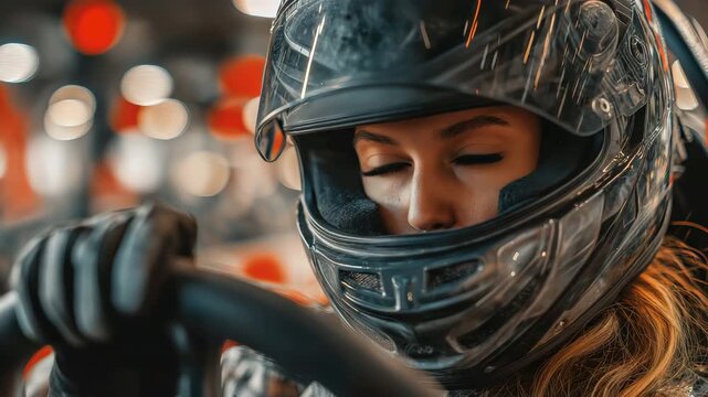 In preparation for the race in an indoor track, a female racer sits in a go kart, puts on her safety helmet, and grabs the steering wheel.