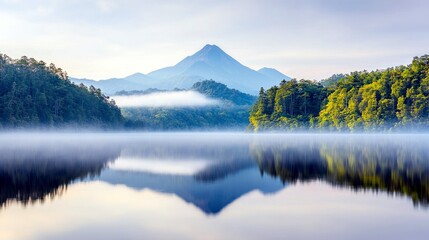 A serene mountain lake at sunrise, shrouded in mist, with a perfect reflection of the surrounding lush green forest and a majestic peak in the distance.