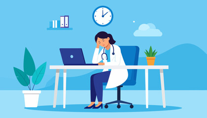 Burnout Stress Depressed Doctor Working in Office