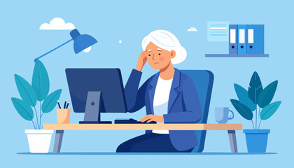 Overworked senior woman feeling headache and fatigue from job stress and professional burnout in the office
