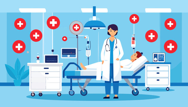 The overwhelming stress and professional burnout faced by doctors in healthcare, an illustration of a physician with a patient in an intensive care unit