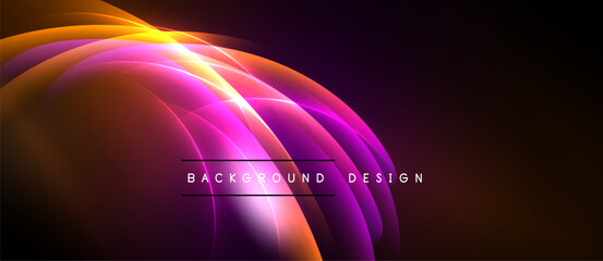 Abstract vibrant design. Glowing curves create dynamic composition. Dark background emphasizes bright colors, modern aesthetic.