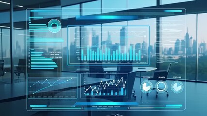 Futuristic office interior with transparent data display - Powered by Adobe