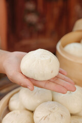 Fresh Handmade Bread Dough Ball in Hand - Traditional Bakery Artisan Baking Process