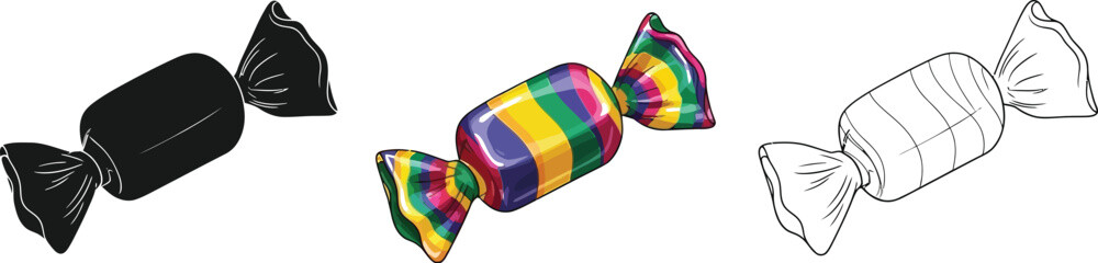 Candy in silhouette, color and outline wrapped sweet with colorful stripes and dark ends for party decoration
