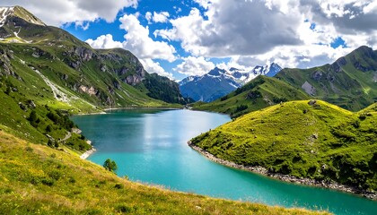 Scenic alpine lake with vibrant turquoise water under a cloudy sky