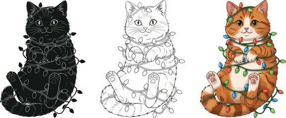 Three cats in christmas lights in different styles, black silhouette, outline and color version, holiday pet illustration