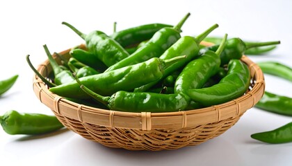 Fresh Shishito Peppers in a Basket on White Background.