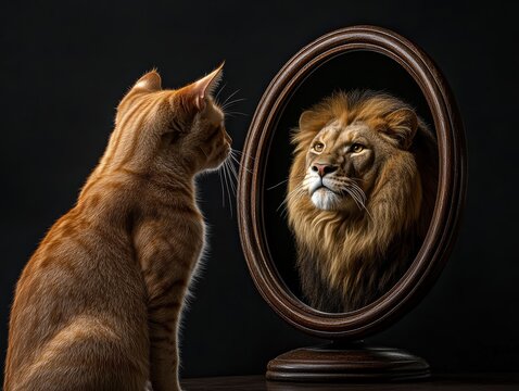 Small cat looks into the mirror and sees a mighty lion, show inner power and self belief, confidence, potential, and the unseen strength waiting to emerge when time is right.