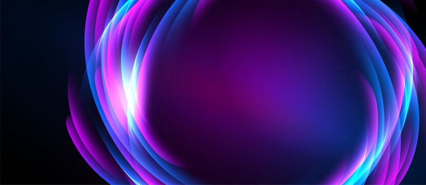 Abstract vibrant layers create luminous purple, blue glow. Smooth curves suggest energy, motion, depth. Dark background emphasizes bright center.