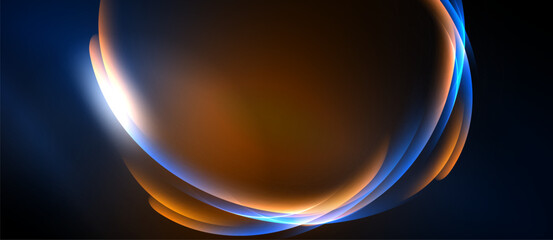 Abstract design features flowing curves, warm colors, cool blues. Light creates dynamic visual impact against dark background.