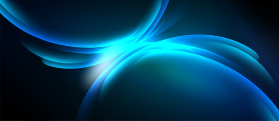 Abstract blue shapes blend, creating luminous curves. Dark background emphasizes bright central glow, suggesting energy, motion.