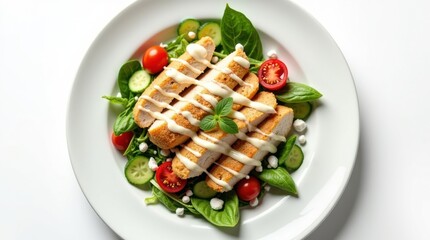 Grilled chicken salad with fresh vegetables and creamy dressing