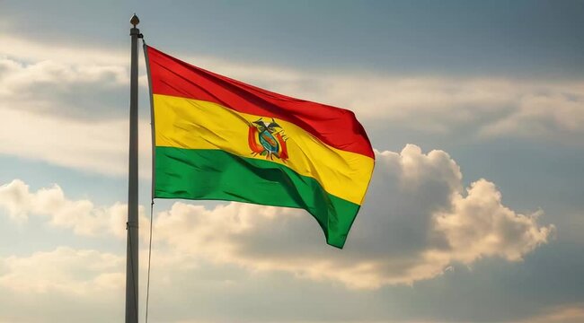 Bolivia National Flag Waving on Tall Flagpole in Sky with Clouds – Bolivia Independence Day Celebration, Patriotism, Freedom, Bolivian Culture & Heritage - Powered by Adobe