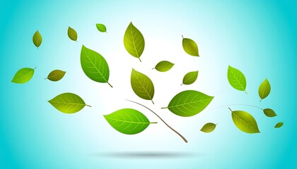 Floating green leaves, arranged on a gradient blue background