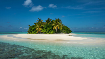 Fototapeta premium Tropical island oasis: white sand beach, clear turquoise ocean