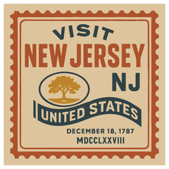 Obraz premium Vintage Travel Stamp Design Visit New Jersey United States Retro Postal Style Art with Tree Illustration and State Date