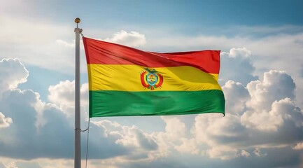 Bolivia National Flag Waving on Tall Flagpole in Sky with Clouds – Bolivia Independence Day Celebration, Patriotism, Freedom, Bolivian Culture & Heritage