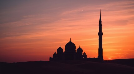 Silhouette of a mosque and minaret against a vibrant sunset sky