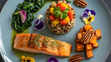 Gourmet salmon, quinoa, spinach, sweet potato, pecan, pansy meal