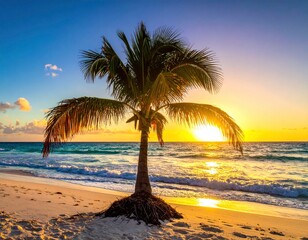 Palm Tree Silhouette at Sunrise on Tropical Beach.