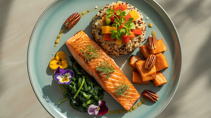 Gourmet salmon, quinoa, spinach, sweet potato, and pecan meal