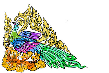 illustration of a peacock​ floral frame​ line​Thai​ pattern​ corners​ design​