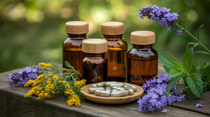 Herbal extracts and supplements with lavender and mint on wood