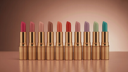 Diverse colorful lipstick shades in elegant golden cases displayed