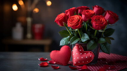 Romantic red roses bouquet with hearts and petals on a table